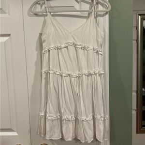 White Spaghetti Strap Mini Dress with Ruffle Details - Medium